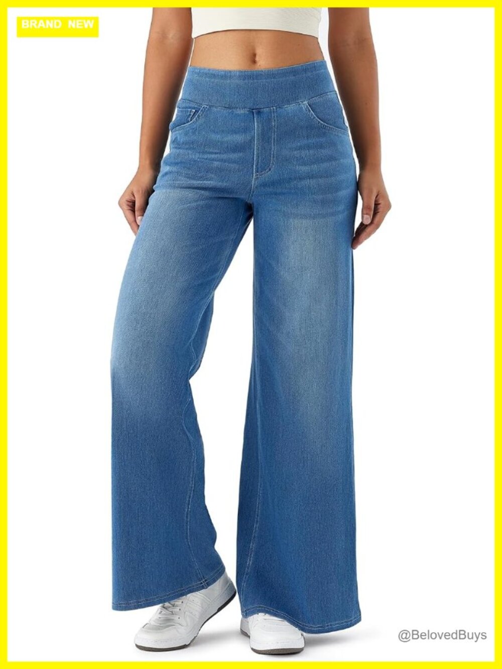 High Waisted Wide Leg Stretchy Pull On Jeans with Elastic Waist